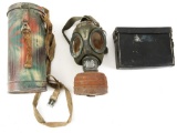 WWII GERMAN NORMANDY CAMO GAS MASK & LEATHER POUCH