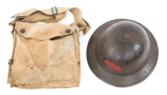 WWI US 30th DIV NAMED HELMET & GAS MASK IN BAG