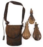 19th C. COPPER POWDER FLASK & LEATHER AMMO BAG