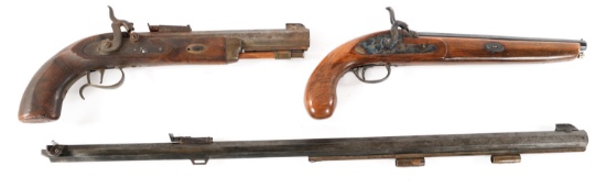 BLACK POWDER PISTOLS AND BARREL LOT OF 3