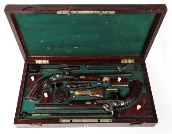 CASED PAIR OF 19TH C. .54 CALIBER DUELING PISTOLS