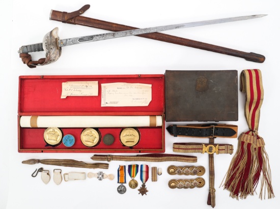 WWI BRITISH NAMED P1897 OFF. SWORD & COAT OF ARMS