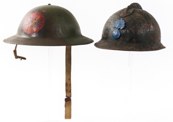 WWII US 68th ART M1917A1 & FRENCH ADRIAN HELMETS