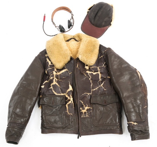 WWII US NAVY FLIGHT JACKET AN-J-4 - HEADSET & CAP