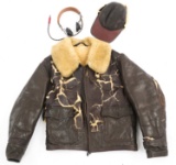 WWII US NAVY FLIGHT JACKET AN-J-4 - HEADSET & CAP