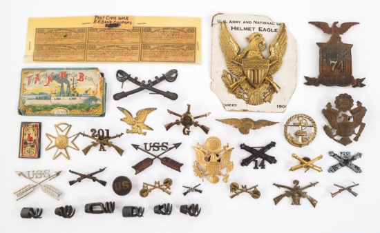 CIVIL WAR - WWI US ARMY RIFLE WORM & INSIGNIA LOT