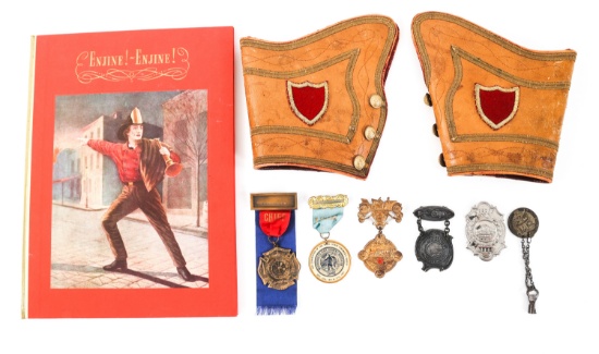 WWII NAMED CIVILIAN FIREMEN MEDALS / CUFFS & BOOK