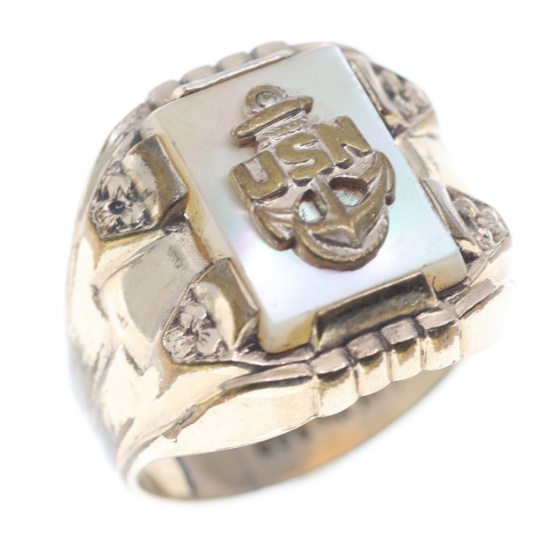 WWII 14K GOLD FILLED US NAVY MOP SIGNET RING