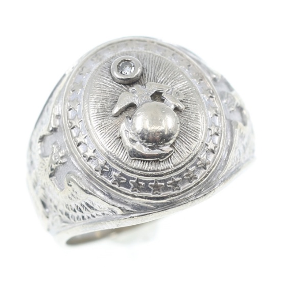10K WHITE GOLD US MARINE CORPS DIAMOND SIGNET RING