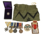 WWI - WWII JAPANESE MEDALS BADGES BAG & SILK CASE