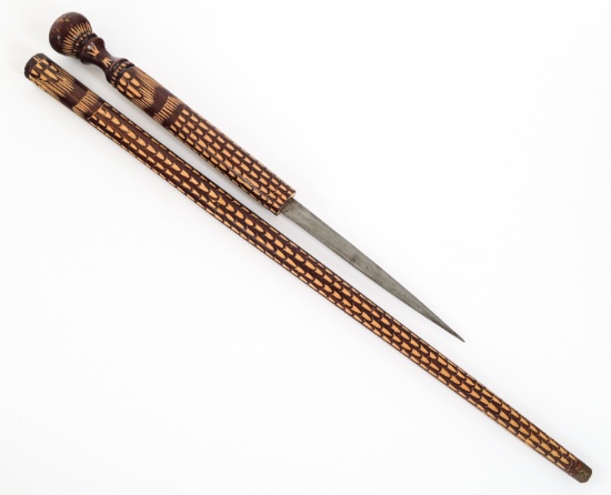 19th C. DECORATED WOOD CANE DAGGER