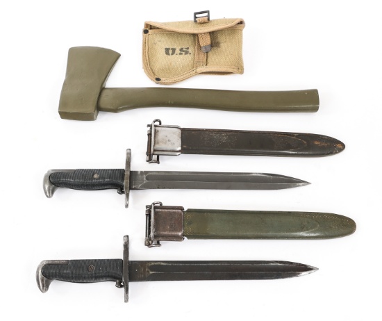 WWII US ARMY BAYONET / AXE & WEBBED BELT LOT OF 4