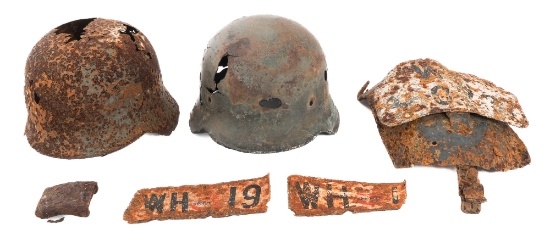 WWII GERMAN DUG RELIC HELMETS & SIGN