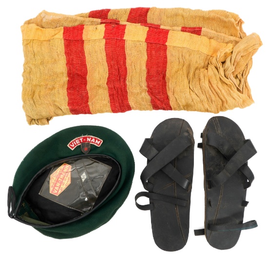 VIETNAM WAR ARVN BERET, FLAG & HO CHI MINH SANDALS