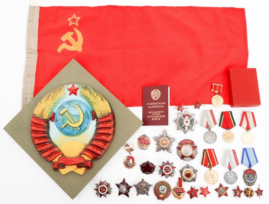 WWII - COLD WAR SOVIET MEDALS, FLAG & PLAQUE