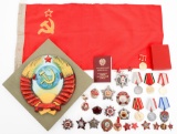 WWII - COLD WAR SOVIET MEDALS, FLAG & PLAQUE