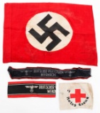 WWII GERMAN FLAG, WEHRMACHT & RED CROSS ARMBANDS
