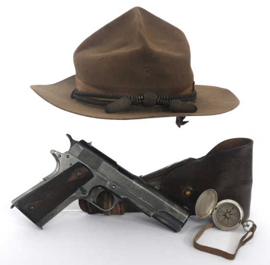 WWI US COLT 1911 PISTOL, HOLSTER, & HAT GROUPING
