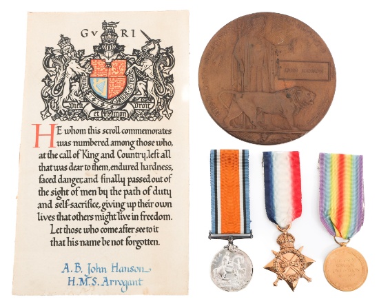 WWI BRITISH ROYAL NAVY NAMED MEDALS & MEDALLION