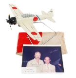 WWII IJN SABURO SAKAI MODEL PLANE, FLAG, & PHOTO