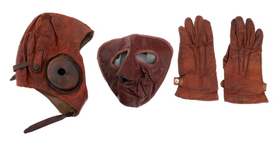 WWII JAPANESE LEATHER FLIGHT HELMET, MASK & GLOVES
