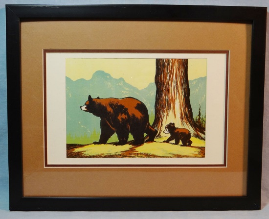 Fell, Olive, 6 x 8 ½” color serigraph, Going Places, Mama Bear & Cub, YNP