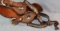 Silver overlayed spurs, fancy, w/jingle bobs, studded straps and Mustache s