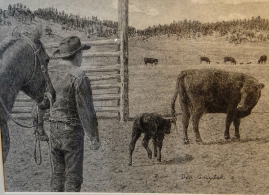 Greytak, Don original graphite drawing, Heifer and New Calf, 8" x 12"