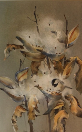 Halverson, Jean watercolor, 21" h x 14" w, Chickadee in Milkweed Pods