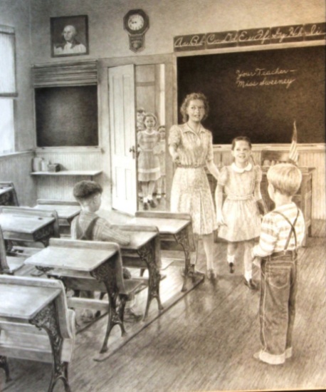 Greytak, Don original drawing, 16" x 14", 1st Day of School, framed