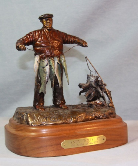 Heikka bronze sculpture, Andy Told It, (Fisherman w/His Catch). 7/36, 7" h