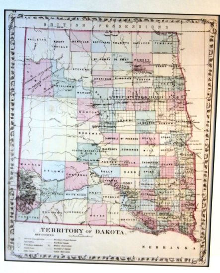 Dakota Territory framed map, 14" h x 12" w; Vintage North Dakota state fram