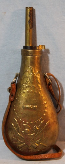 2 powder flasks, 1-brass, stamped U. S., 10"; Leather w/brass spout, 6"