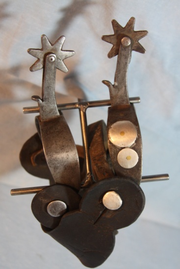 MT State Prison-made silver spotted spurs w/snowflake rowels; MT State Pris