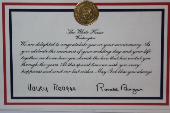 President Ronald Reagan and Nancy Reagan original signatures on Anniversary