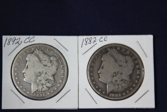 2 Morgan dollars: 1882 CC, 1892 CC