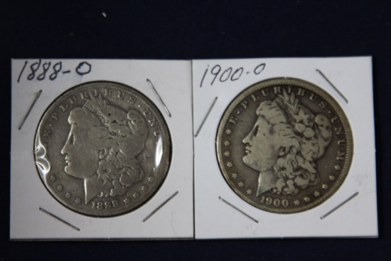 2 Morgan dollars: 1888 O, 1900 O