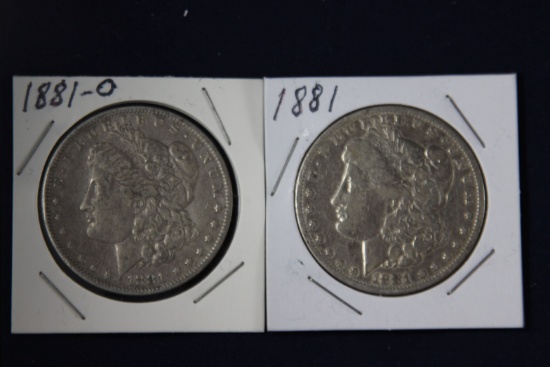 2 Morgan dollars: 1881, 1881 O