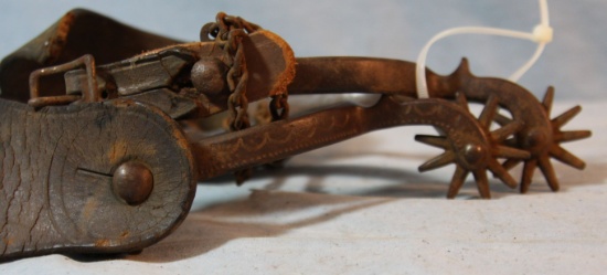 2 pair spurs: North & Judd drop shank spurs w/chap guards; Buermann engrave