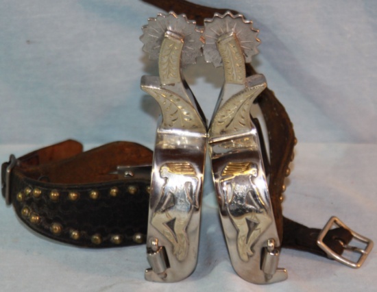 "E" marked nickeled spurs, nude lady
