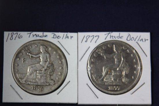 2 Morgan dollars: 1876 S, 1877 Trade Dollars