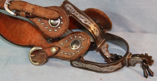Silver overlayed spurs, fancy, w/jingle bobs, studded straps and Mustache s