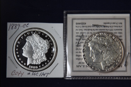 2 Morgan dollars: 1889 CC, 1889 CC Tribute Proof