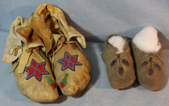 Beaded adult and child's moccasins, 10" and 6 1/2", newer