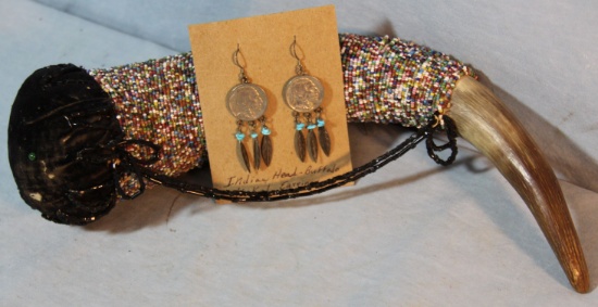 Beaded horn pin cushion w/pair of newer buffalo nickel earings