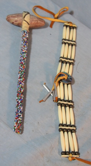 2 whale bone necklaces, beaded small hammer, small peace pipe, all newer