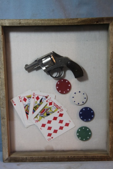 Gambler's S & W .32 w/playing cards and poker chip, framed