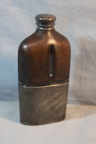 Montana whiskey flask, engraved with owners name, J. T. Wunderlin, Lewistow