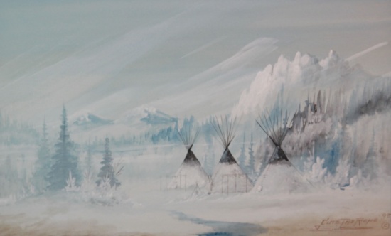 Cuts The Rope, Clarence watercolor, Winter Village, 9" x 14", 1995