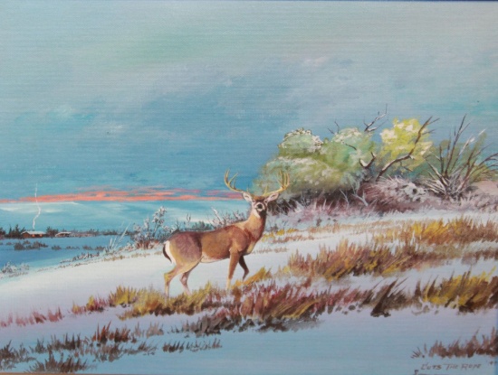 Cuts The Rope, Clarence oil on board, 12" x 16", Buck deer, 1991